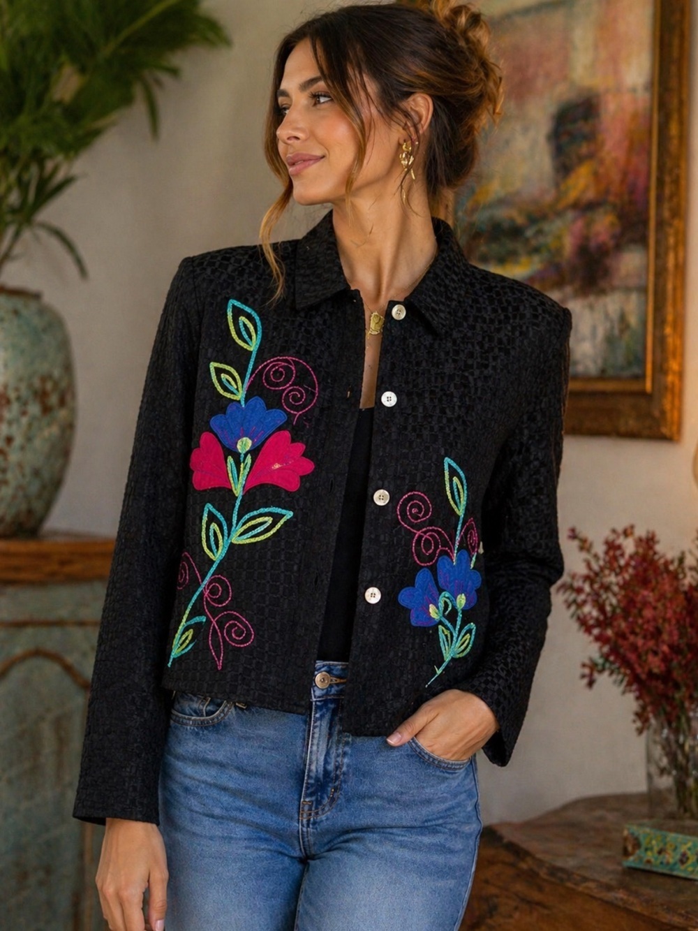 Alex Kim Black Embroidered Jacket Cropped Floral Boho Statement
